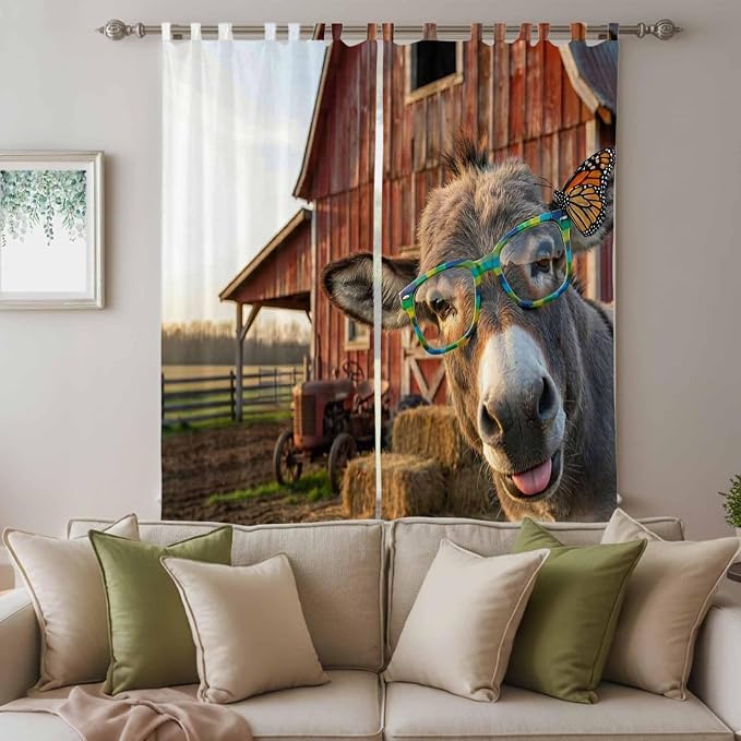 Farm Donkeys Living Room Curtains 84 Inch Length, Window Curtains Tab Top