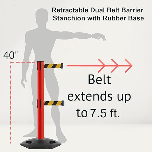 Montour Line MSR630D Set of 2 Retractable Belt Barrier Stanchion, Heavy-Duty Rubber Base, Red Post (7.5 ft Yellow with "Caution - DO NOT Enter" Black Letters Dual Belt)