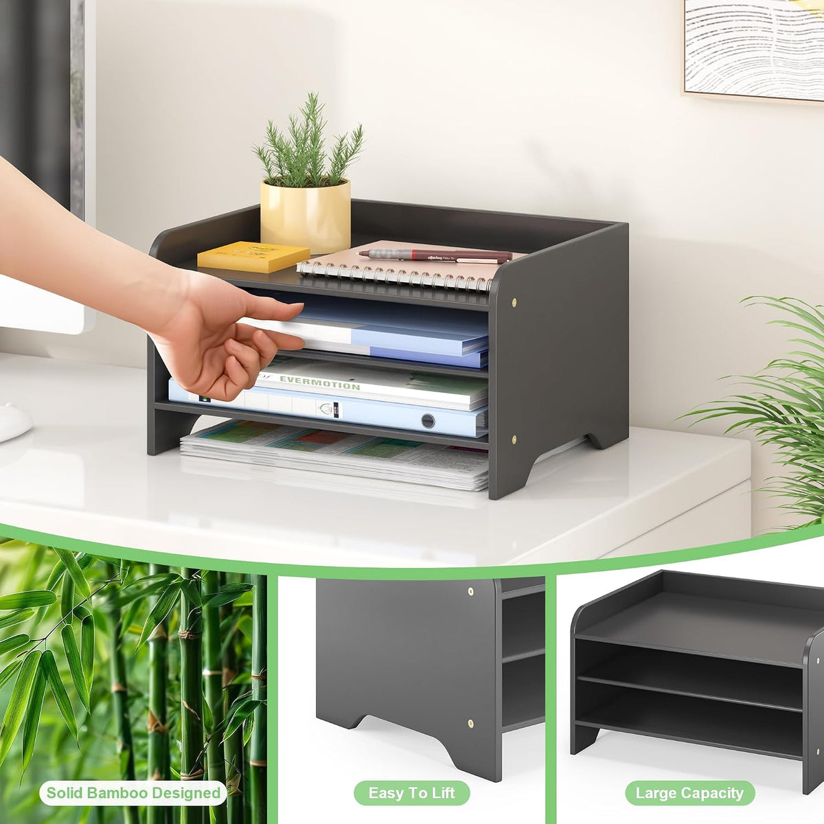 Bamboo File Organizer for Desk, Desktop Paper Tray and Mail Holder