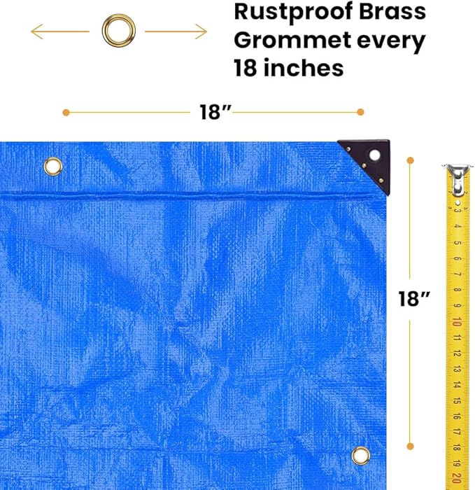 WHITEDUCK 12' x 16' Super Heavy Duty Poly Tarp Thick 16 Mil, Waterproof 100% UV Resistant Rip/Tear Proof Tarp w/Rustproof Grommets & Reinforced Edges Blue,16 mil Finished Size: 11'6"x15'6"