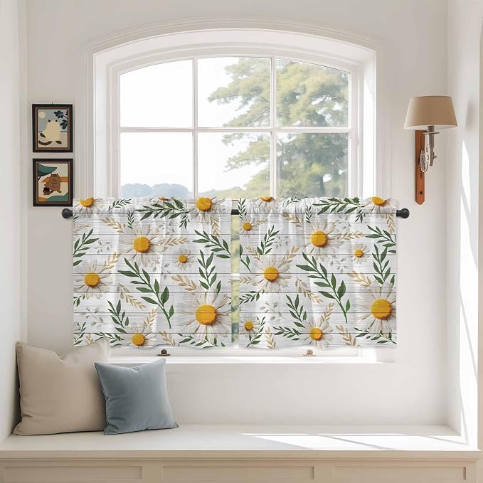 Spring Daisy Tier Curtains, Farmhouse Country Flower Leaf Plant Wood Grain