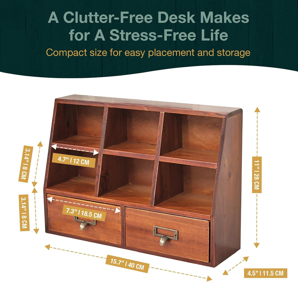 Desktop Mini Pigeon Hole Drawer Organizer - Vintage Farmhouse Wooden Shelves with 6 Compartments & 2 Drawers - Mahogany Wood Drawer Box Display Stand - Office Study Table Organizing Cabinet