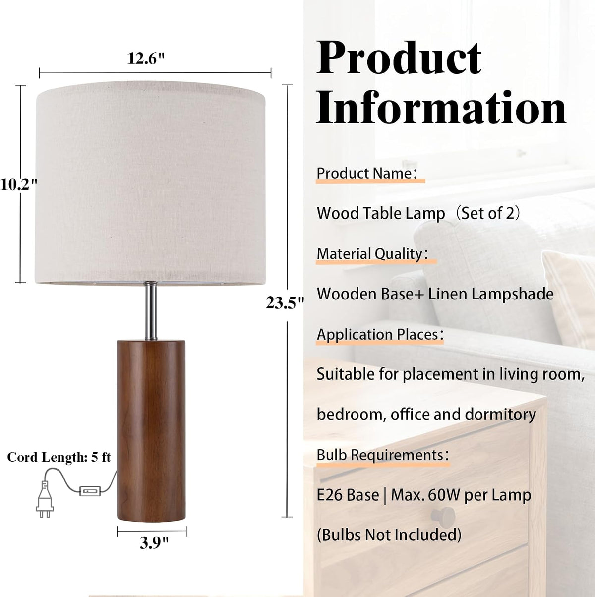 lapupu 23.5" Wood Table Lamps Set of 2 for Living Room, Vintage Farmhouse Bedside Lamps for Bedroom, Large Round Desk Lamps for End Table Nightstand, Walnut Wood