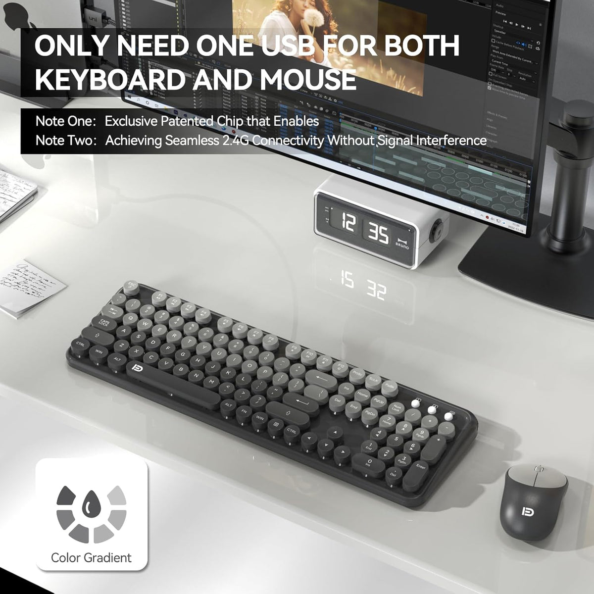 Wireless Keyboard and Mouse Combo,Retro Typewriter Bubble Keys,Black Grey