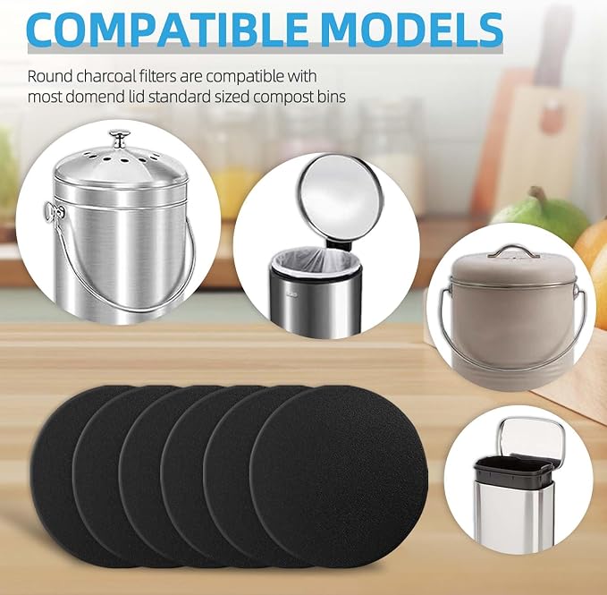 6 Pack Compost Filters for Countertop Bin, 6.7 Inch Charcoal Filters for