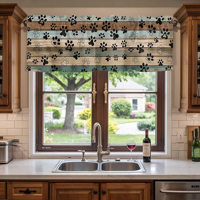 Dog Paws Valance Curtains for Kitchen, Teal Brown Wood Grain Privacy Rod Pocket