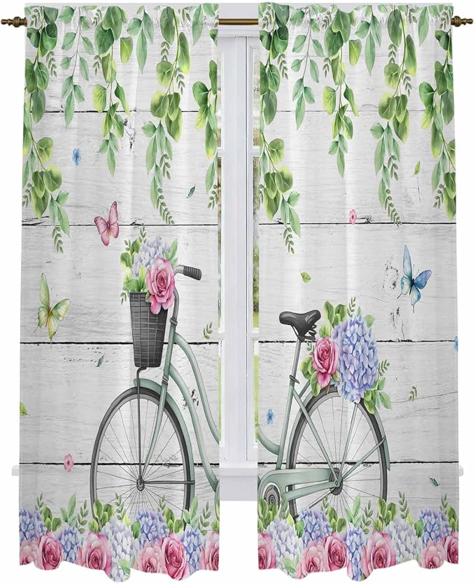 Spring Kitchen Curtains, Bicycles Botanical Rose Leaves Butterfly Wood Grain