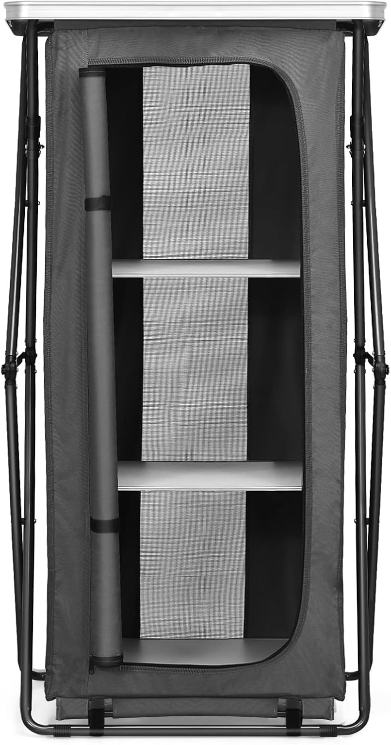 GIANTEX Folding Camping Storage Cabinet with 3 Shelves and Carry Bag, Portable Outdoor Organizer Kitchen Table, Quick Set-up for BBQ, Picnic, Backyard, Compact Pop-Up Cupboard, 47''H