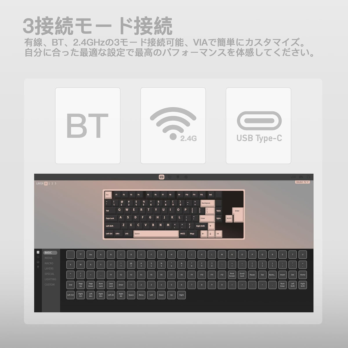 WOBKEY Rainy75 75% Tri-Mode Mechanical Keyboard, CNC Aluminum Custom Wireless Keyboard, Hot Swappable, VIA Programmable, Violet Switch, BT/2.4G/Wired for Mac/Win(Lite Silver)