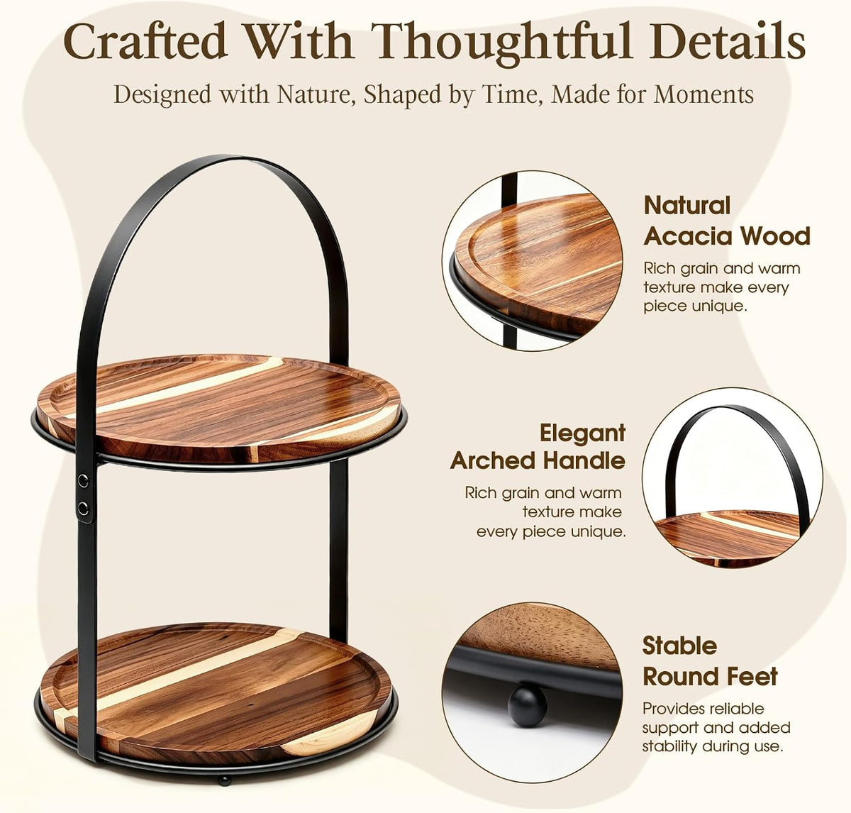 2-Tier Acacia Wood Cupcake Stand, Cake & Dessert Table Display, Arched Iron Frame Tiered Display Stand for Birthday, Wedding, Coffee Bar, Kitchen Counter & Party Decor, Black