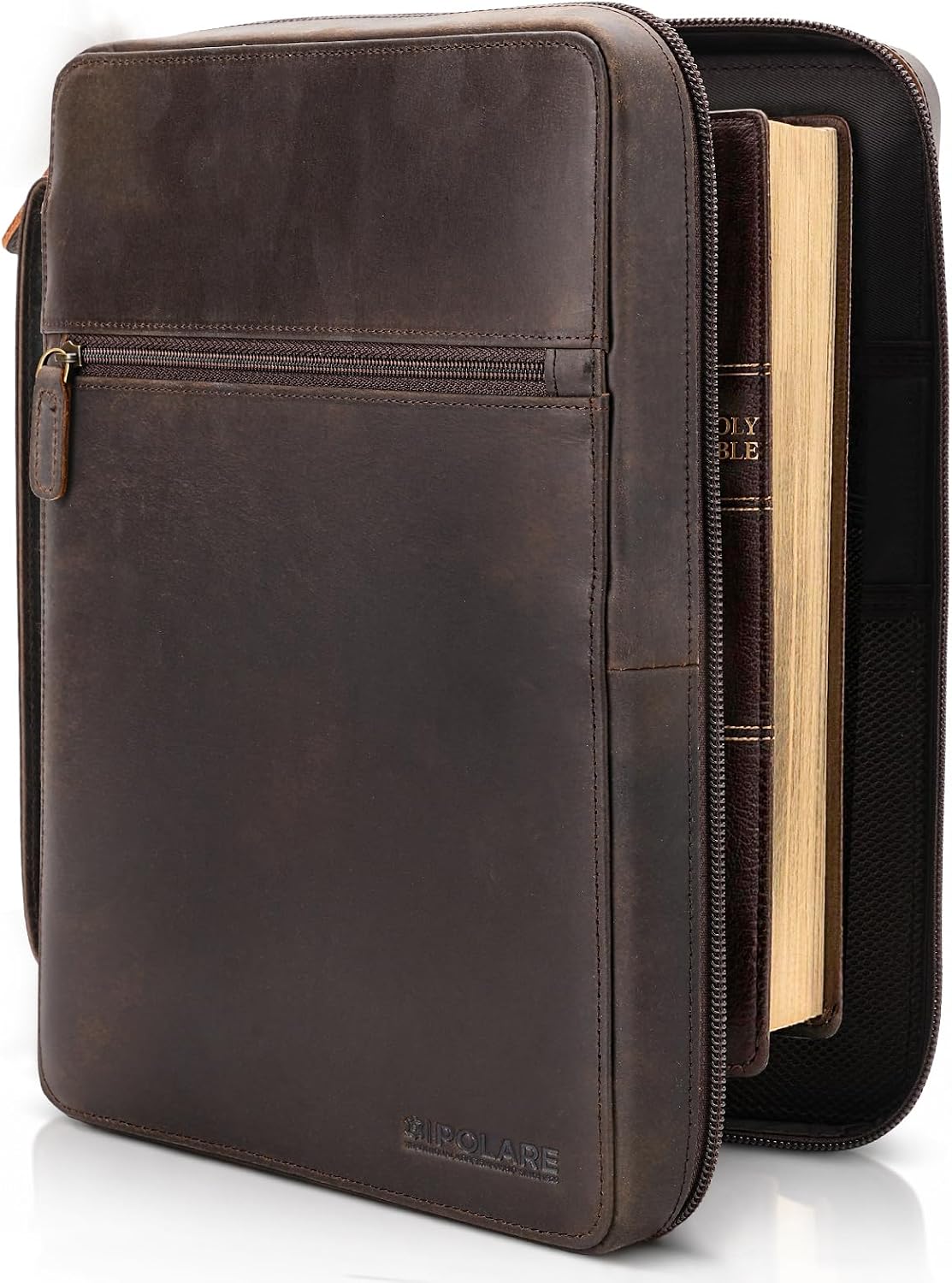 Polare Full Grain Leather Bible Cover Church Bag Bible Protective Book Holder Carrying Case Folder Organizer Portfolio, Dark Brown
