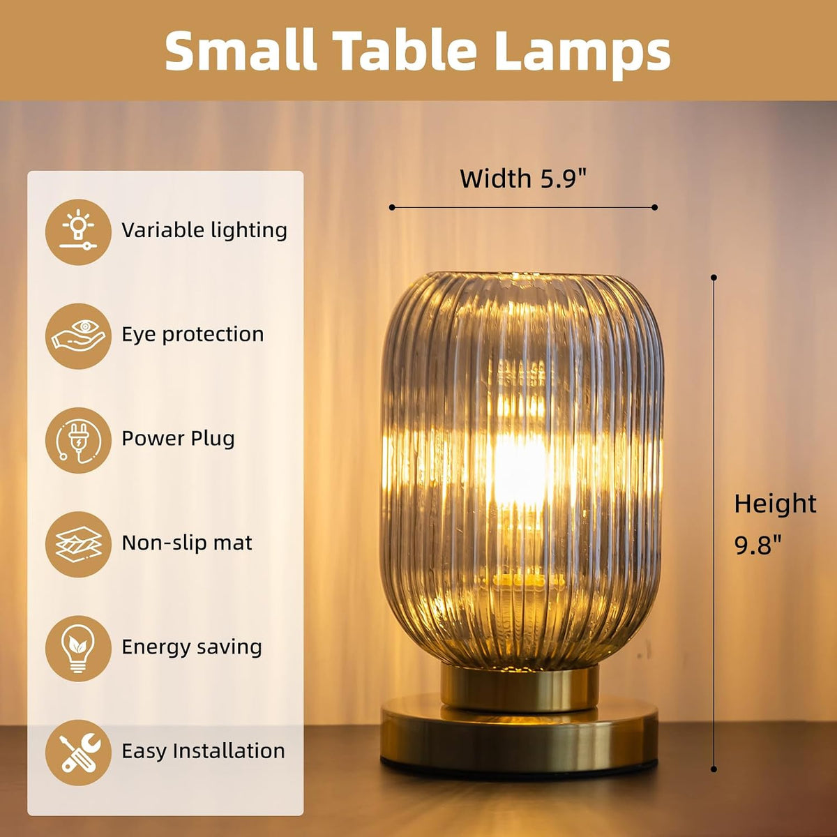 Modern Bedside Table Lamp, Smoky Gray Glass Table Lamp, Plug in