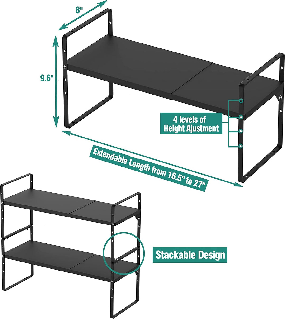 SUZLON Expandable Cabinet Shelf Organizer Rack, Stackable Kitchen Counter Storage Shelves Stand, Adjustable Height Pantry Shelf Spice Rack, Heavy Duty Nonslip Black Small 2Pack