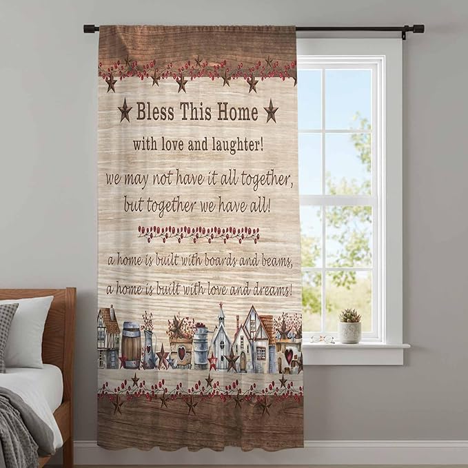 Farmhouse Sheer Curtains 54 Inch Length Brown Country Star Berry Vintage Wood