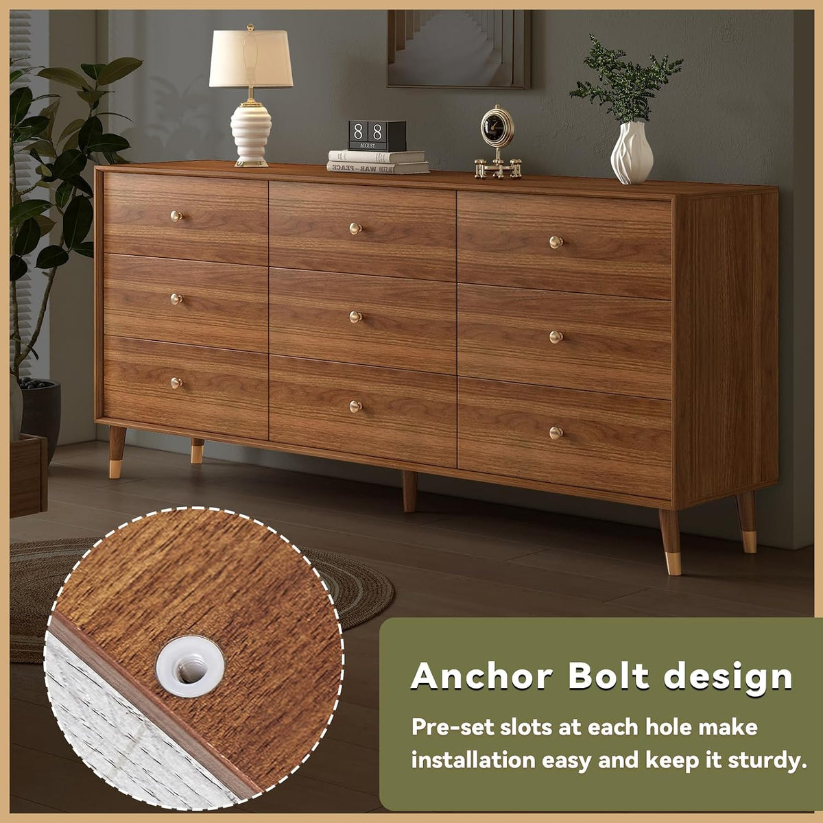 Messenya Dresser for Bedroom, 63 Inch 9 Drawer Wooden Chest of Drawers