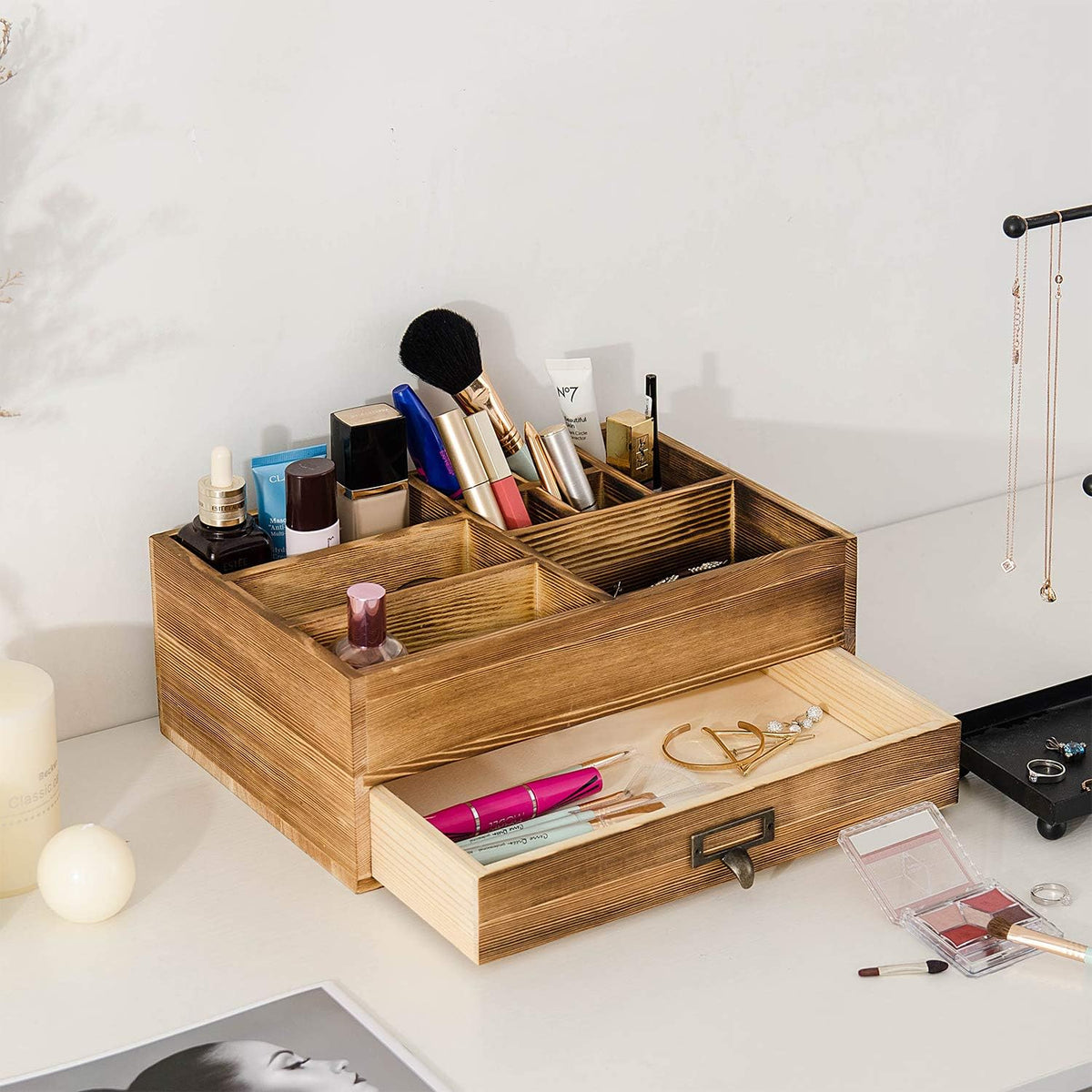 Rustic Wooden Organizer Cosmetic Storage Cabinet Makeup Display Box Office Supplies Desktop Vanity Drawers Multiple Compartments Brown Tabletop Caddy Accessary Sorter Brush Holder Home
