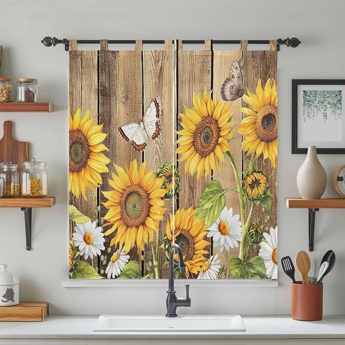 Farmhouse Sunflowers Living Room Curtains 84 Inch Length, Window Curtains Tab