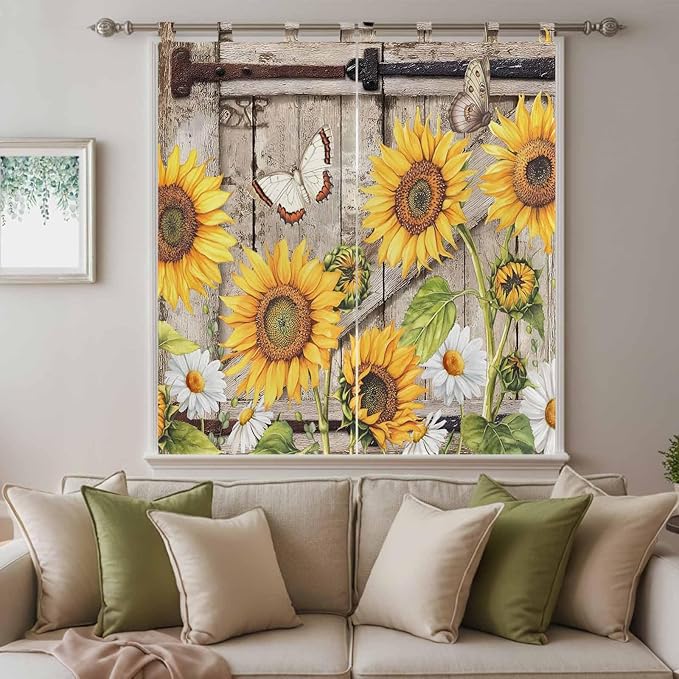 Farmhouse Sunflowers Bathroom Curtains 63 Inch Length, Window Curtains Tab Top
