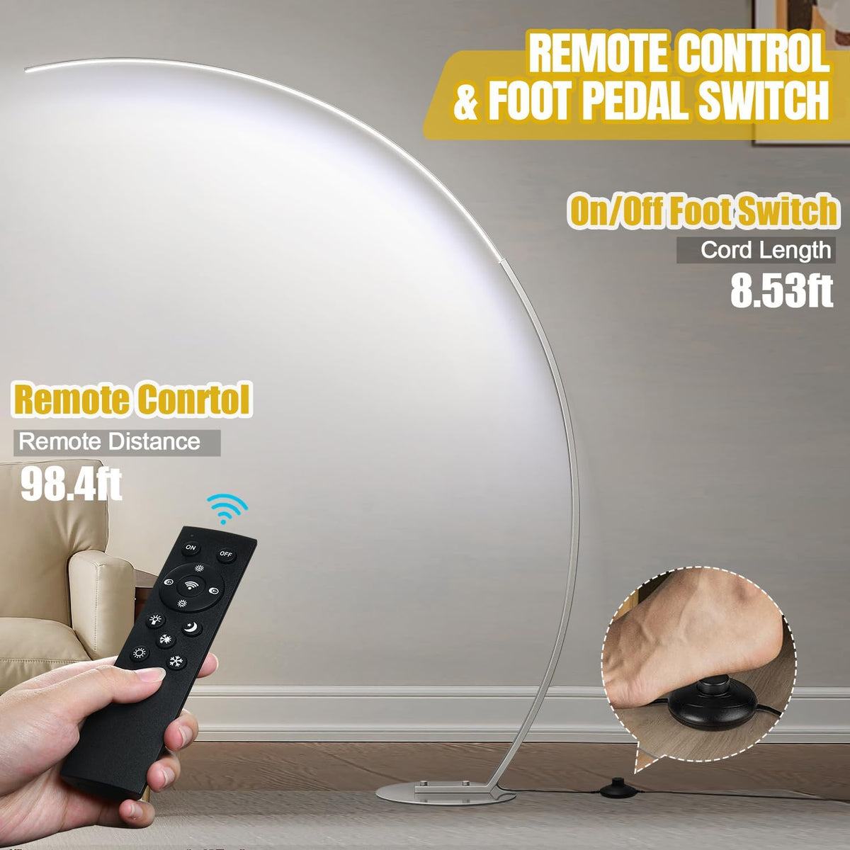 Dimmable LED Floor Lamp with 3 Color Temperatures, Ultra Bright 2000LM Brushed Nickel Arc Floor Lamps for Living Room, Modern Tall Lamp with Remote Control Reading Floor Lamp for Bedroom Office