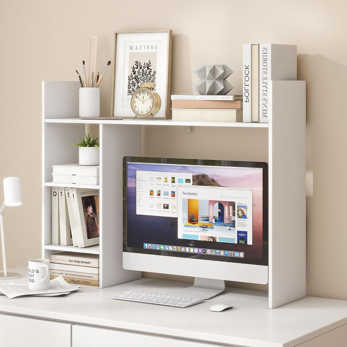 FTZxHKLX Desktop Bookshelf, 4 Tier Wooden Desk Storage Hutch, White