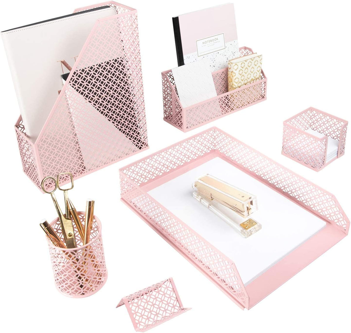 BLU MONACO Pink Desk Organizer Set | 6-Piece Metal Desktop Accessories | Mail Sorter Organizer Countertop | Letter Sorter for Desk | Mesh Pen Holder | Home Office or Dorm