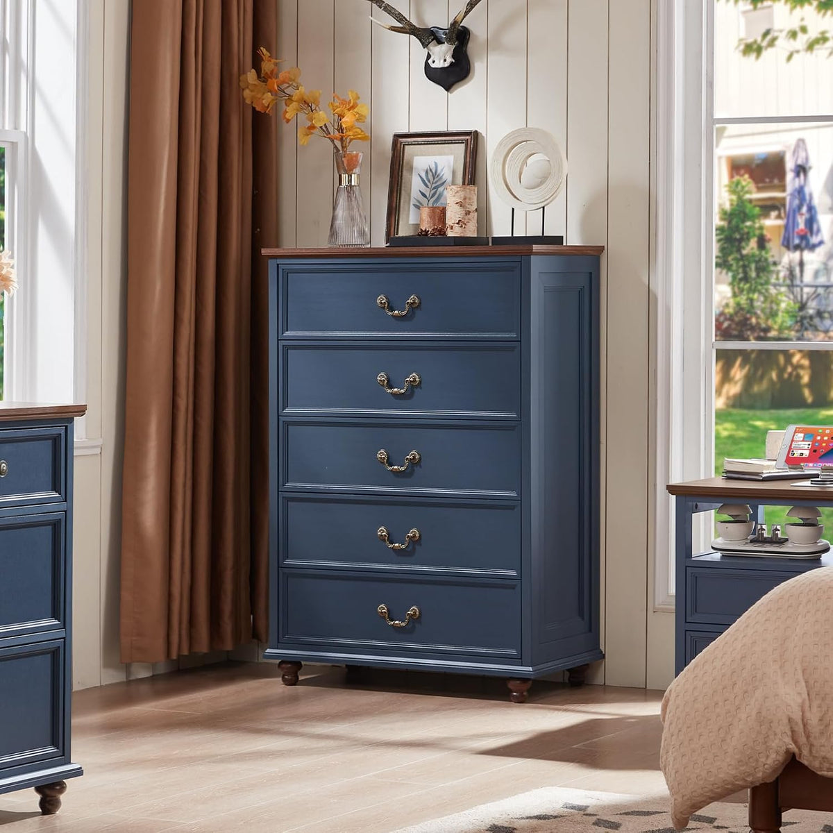 Joaxswe Farmhouse 5 Drawer Dresser for Bedroom, 45" Tall Rustic Chests of Drawers w/ 4 Solid Wood Feet, Mid Century Modern Wooden Closet Storage Dressers Organizer for Living Room, Hallway, Navy Blue