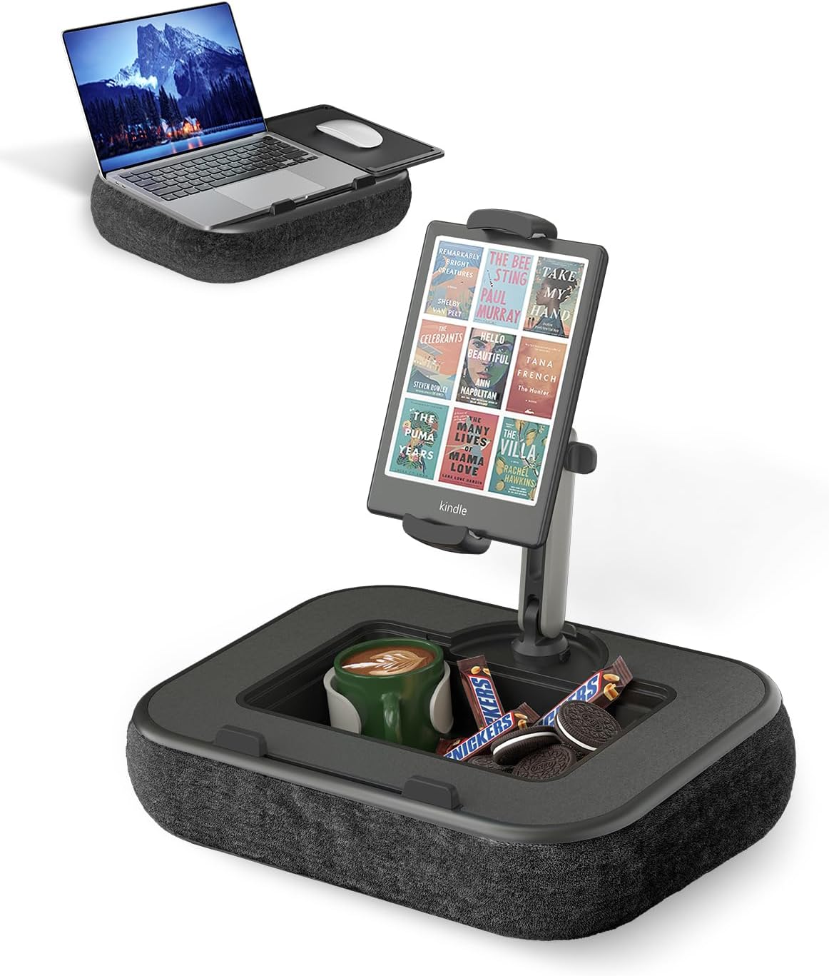 Viozon Kindle Pillow Stand Holder, Phone holder for Bed, Laptop Lap Desk with Mouse Pad,Compatible with 4.7-13" Kindle/Tablet/Phone,10-15"Laptop, Snack Bowl&Cup Attachment&Detachable 360°Stand Arm, B