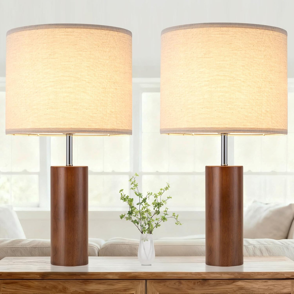 lapupu 23.5" Wood Table Lamps Set of 2 for Living Room, Vintage Farmhouse Bedside Lamps for Bedroom, Large Round Desk Lamps for End Table Nightstand, Walnut Wood