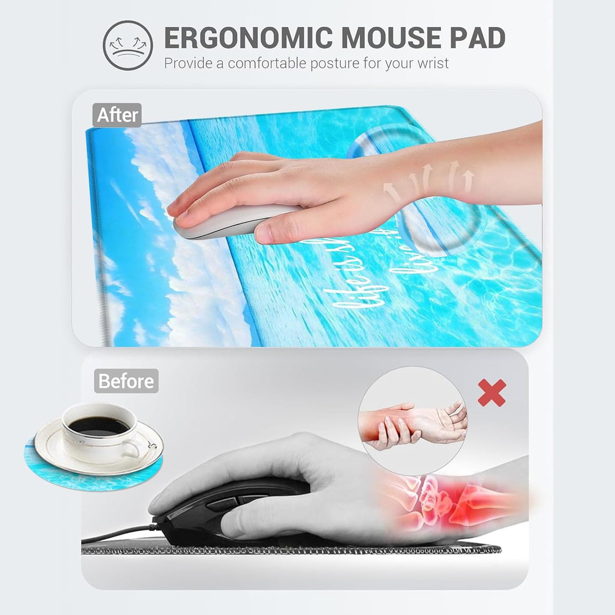 Large Mouse Pad Set,Extended Mouse Pad+Keyboard Wrist Rest Support Desk Pad Memory Foam Ergonomic Easy Typing,31.5×11.8 in Desk Mat Set for Home Office,Beach Life Inspirational