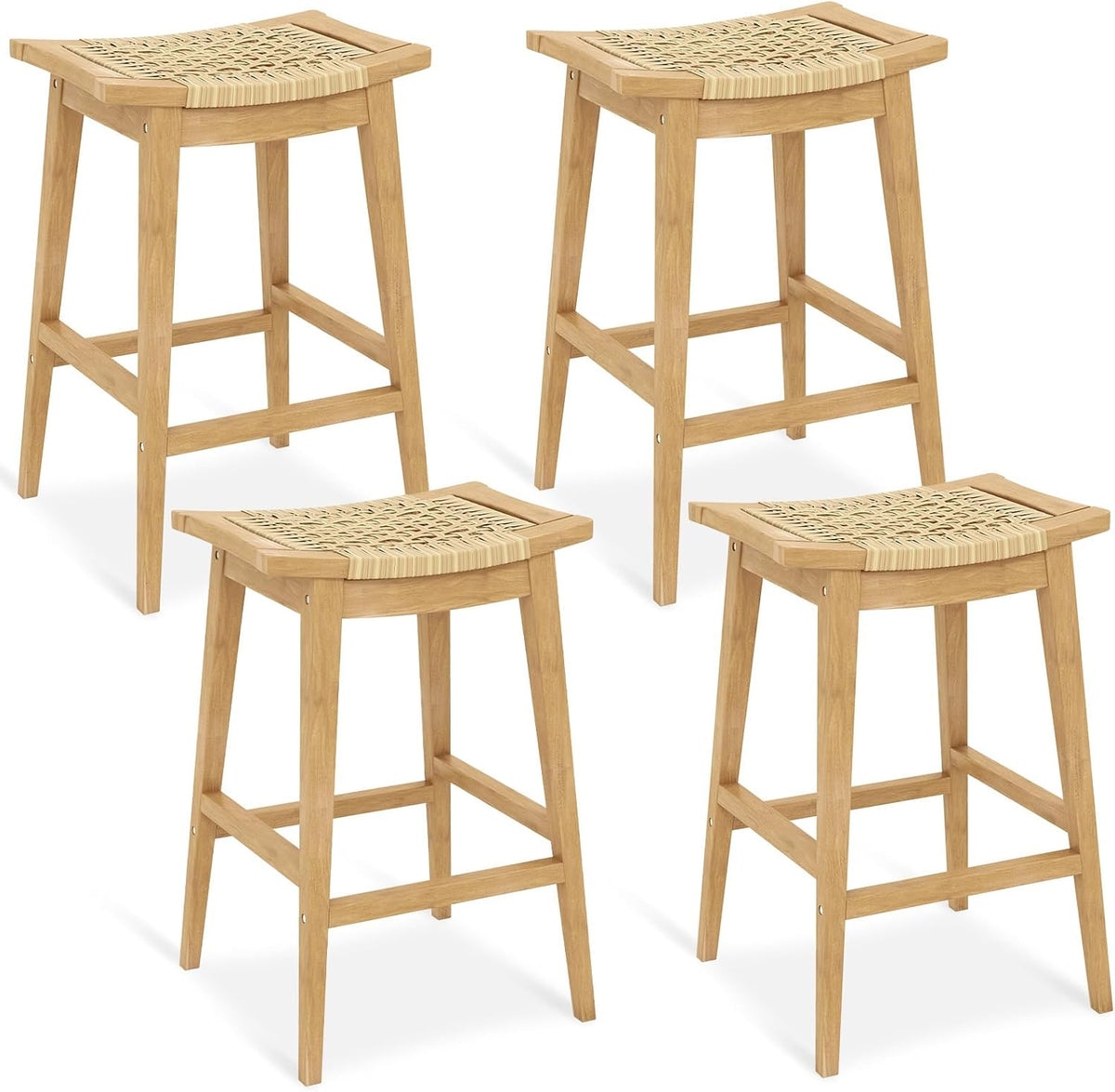 Tangkula Wood Bar Stool Set of 4, 29” Patio Rattan Acacia Barstool with Footrest & Saddle Seat, Boho Bar Height Stool for Indoors Outdoors, Bar Chair for Deck, Garden & Poolside, Natural (4)