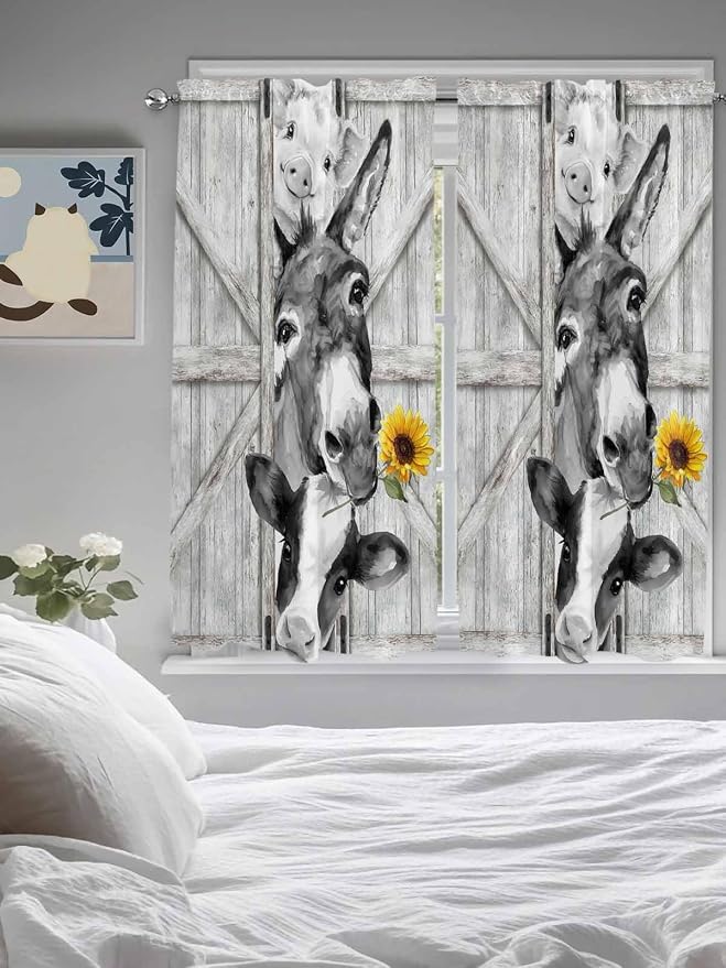 Grey Farmhouse Bedroom Curtains 63 Inches Length, Vintage Sunflowers Animals