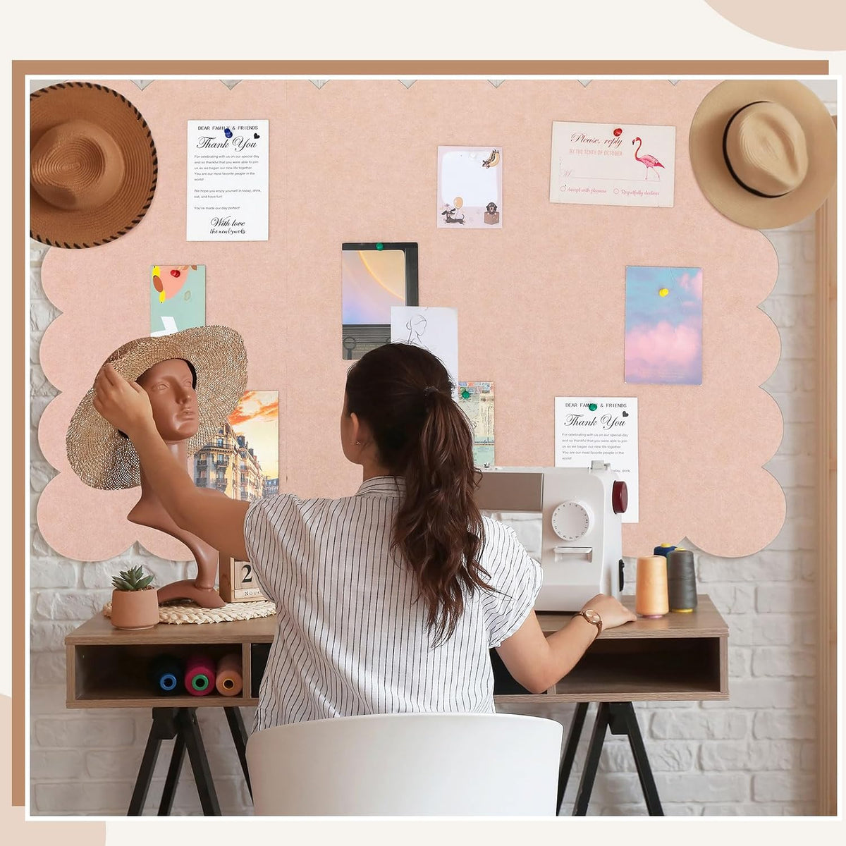 Mooliwe Scalloped Felt Bulletin Cork Board Foldable Flesh Pink 72 x 48 Inch