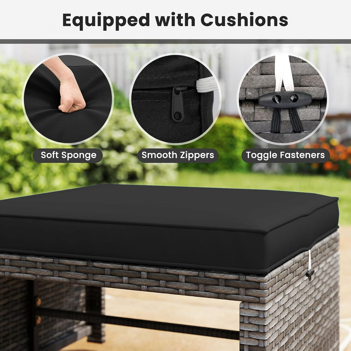 Outdoor Ottomans, Set of 2 PE Rattan Foot Stool w/Soft Zippered Cushions, Multipurpose Patio Ottomans, Outdoor Furniture for Backyard, Additional Seating, Footrest, Side Table (Black)
