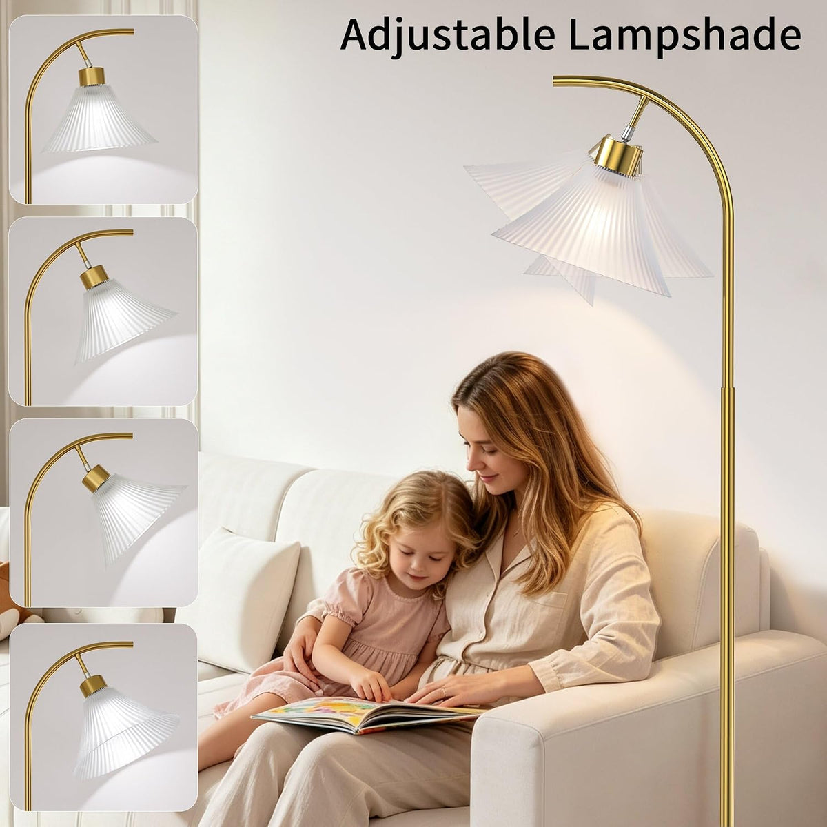 SIBRILLE Gold Floor Lamp with Remote, Dimmable Glass Arc Standing Lamp, Ribbed Frosted Glass Shade, 3 Color Temperatures, Foot Switch, 9W LED Bulb for Living Room Bedroom Office