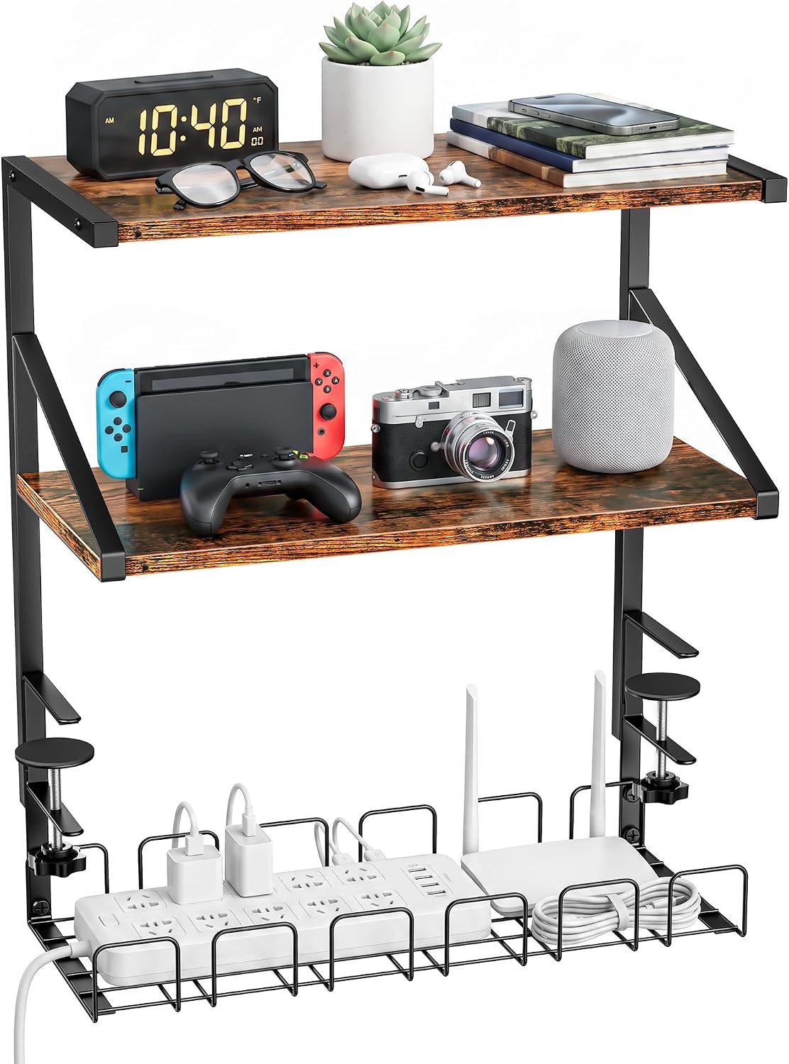 Clamp on Desk Shelf, 19in 3-Tier Desk Shelves Organizer with Under-Desk Hidden Storage Basket, Desktop Supplies Storage Rack for Home Workspace, Study Rooms,Gaming Devices