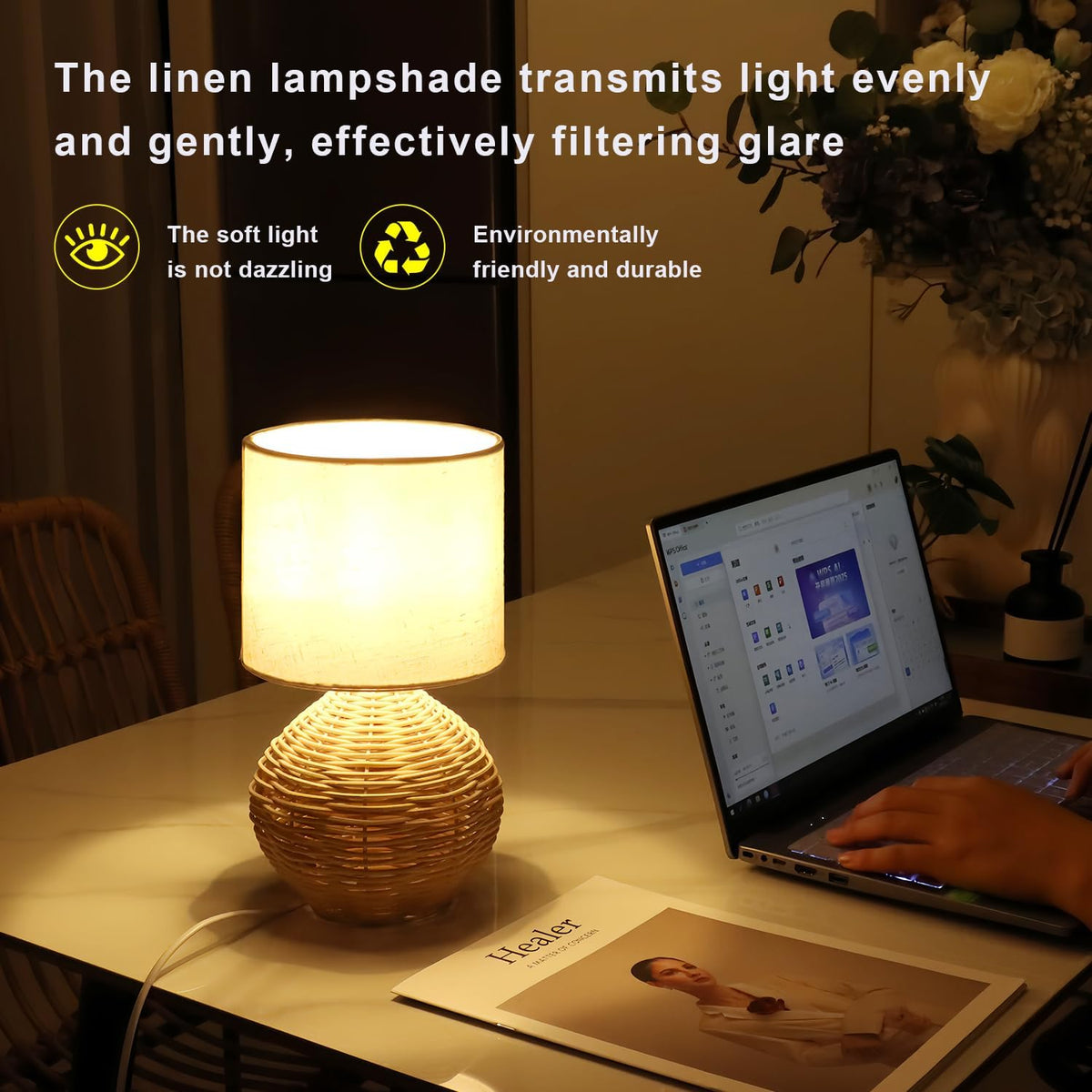 Rattan Table Lamp, Boho Farmhouse Style, Cotton Linen Lamp Shade, 6.2×6.2×11.8 Inch Small Table Lamp, with E12 LED Warm Light Bulb