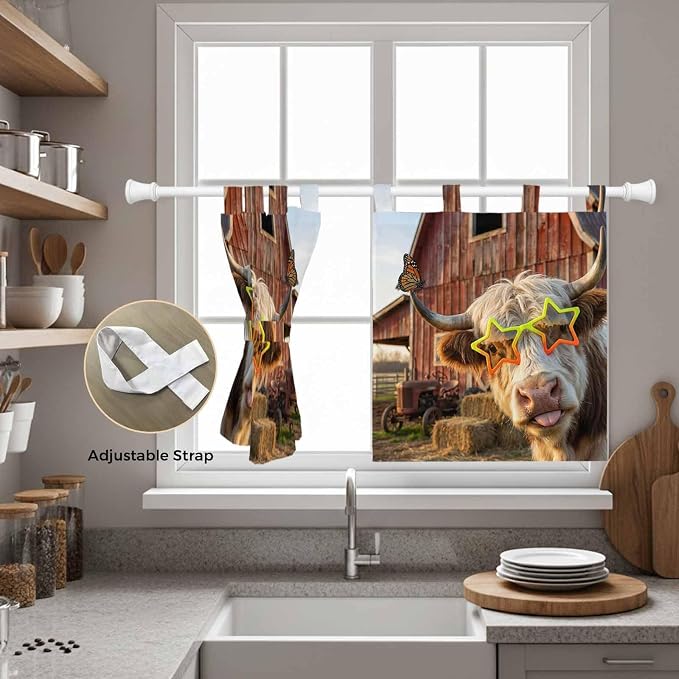Farm Yaks Kitchen Curtains 24 Inch Length, Small Window Curtains Tab Top