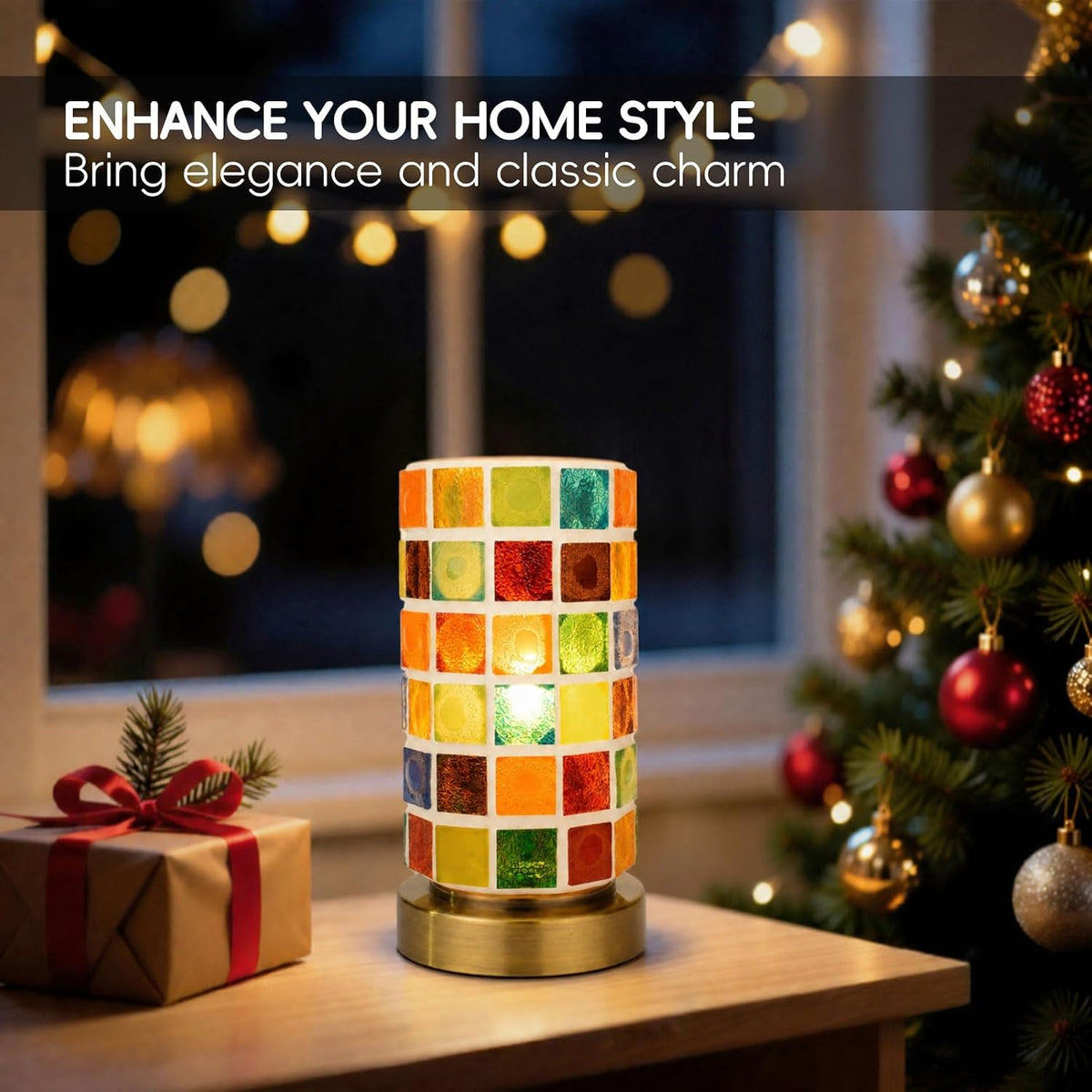 Mosaic Stained Glass Table Lamp for Bedroom Bedside, Bohemian Turkish Small Nightstand Lamp Night Light, Metal Base Round Colored Glass Shade Desk Lamp for Living Room Restaurant Bar (Bulb Included)