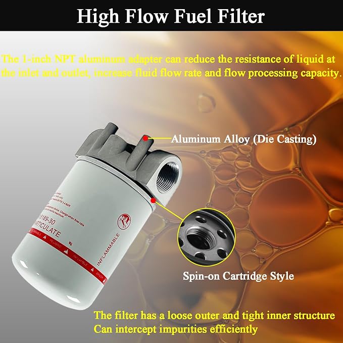 1 Inch NPT Fuel Tank Filter Kit, High Flow Fuel Filter 25 GPM 30 Micron Spin-on