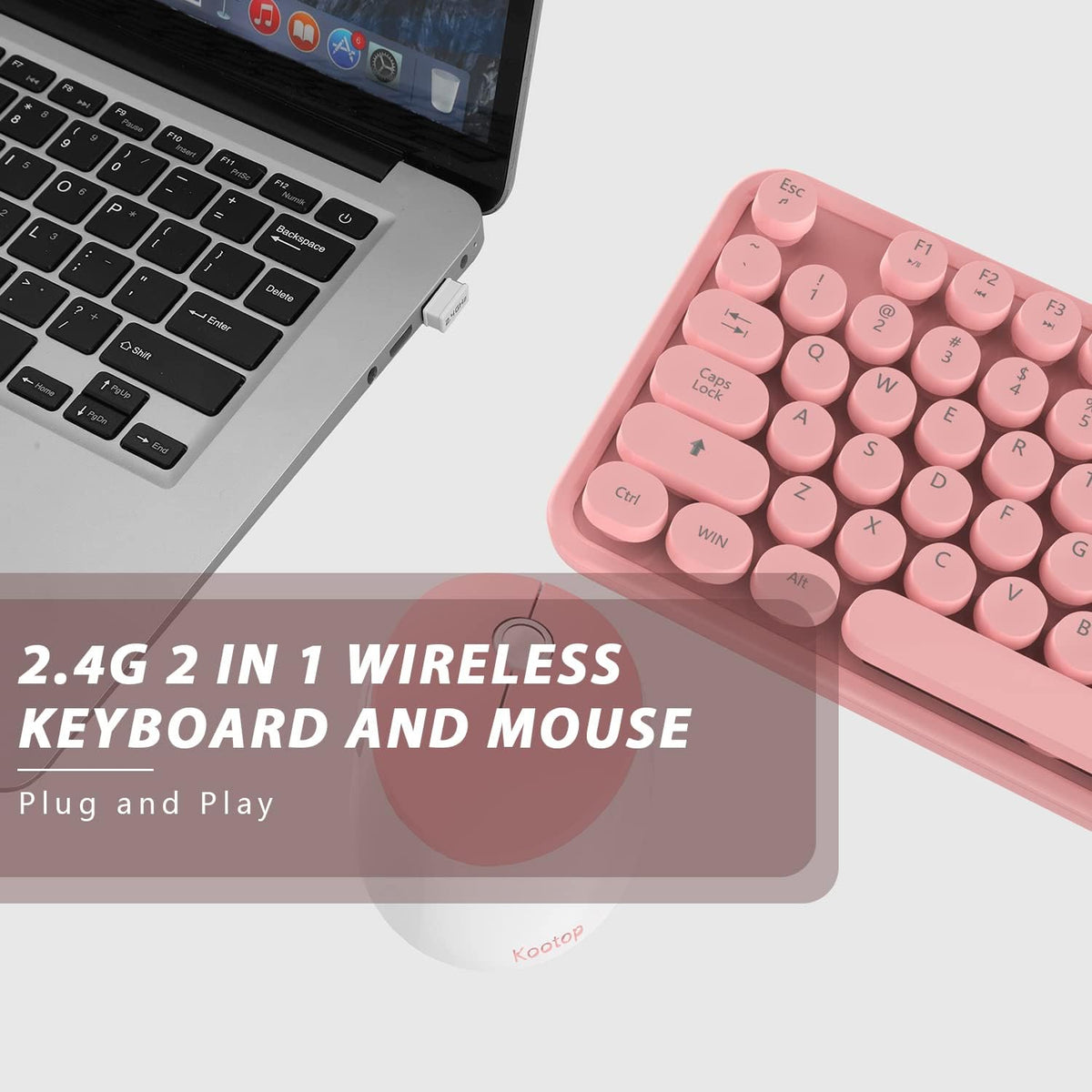 Kootop Wireless Keyboard Mouse, Cute 104 Keys Typewriter Pink White