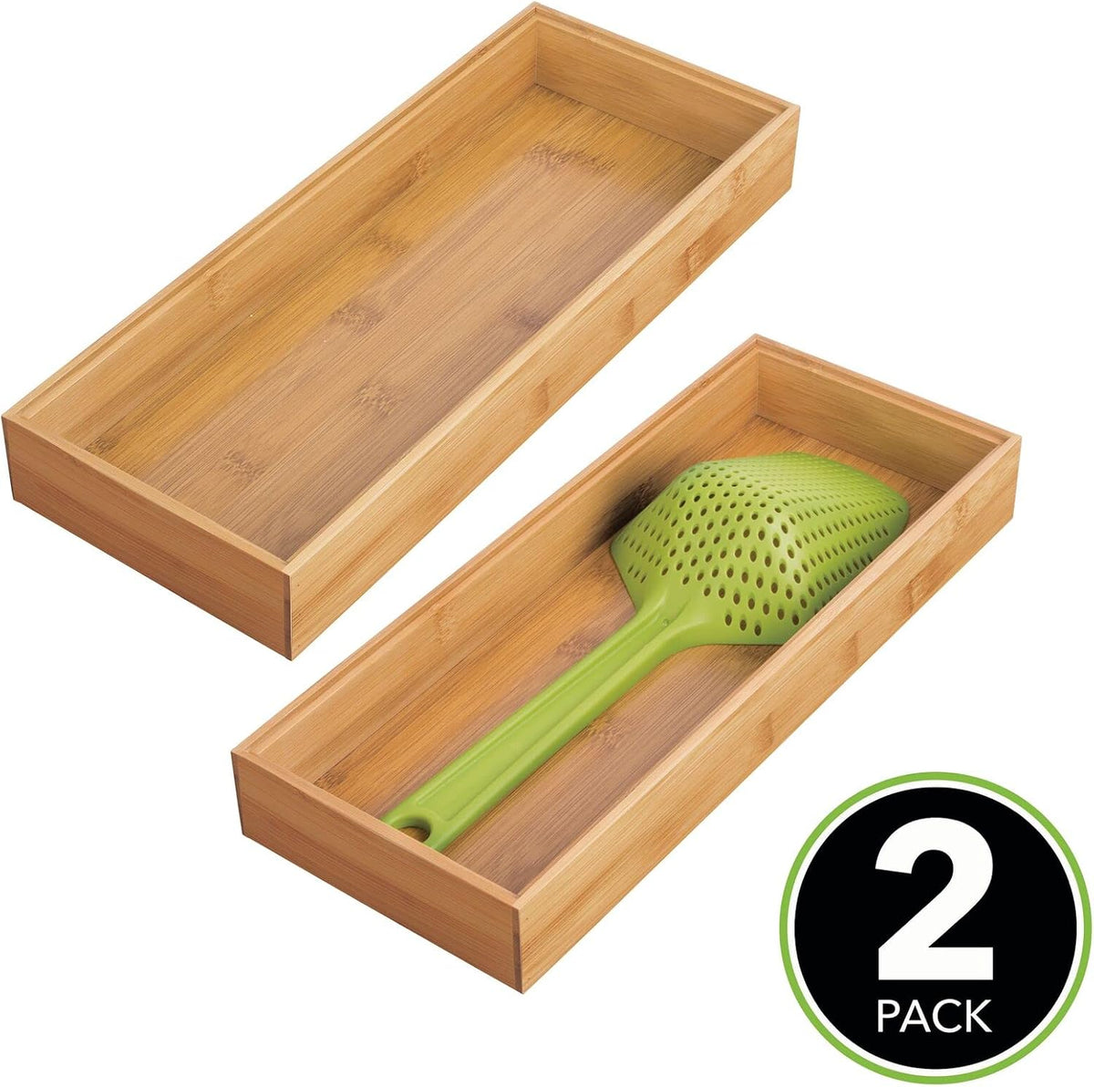 mDesign Wooden Bamboo Drawer Organizer - 15" Long Stackable Storage Box Tray for Kitchen Drawers/Cabinet - Utensil, Silverware, Spatula, and Flatware Holder - Echo Collection - 2 Pack, Natural Wood