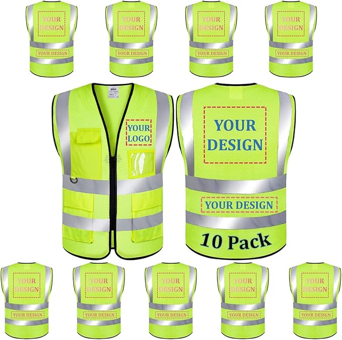 10 Pack Mesh Safety Vest Custom Logo High Visibility Reflective Vest with Pockets Security Work Vest（Yellow，S）