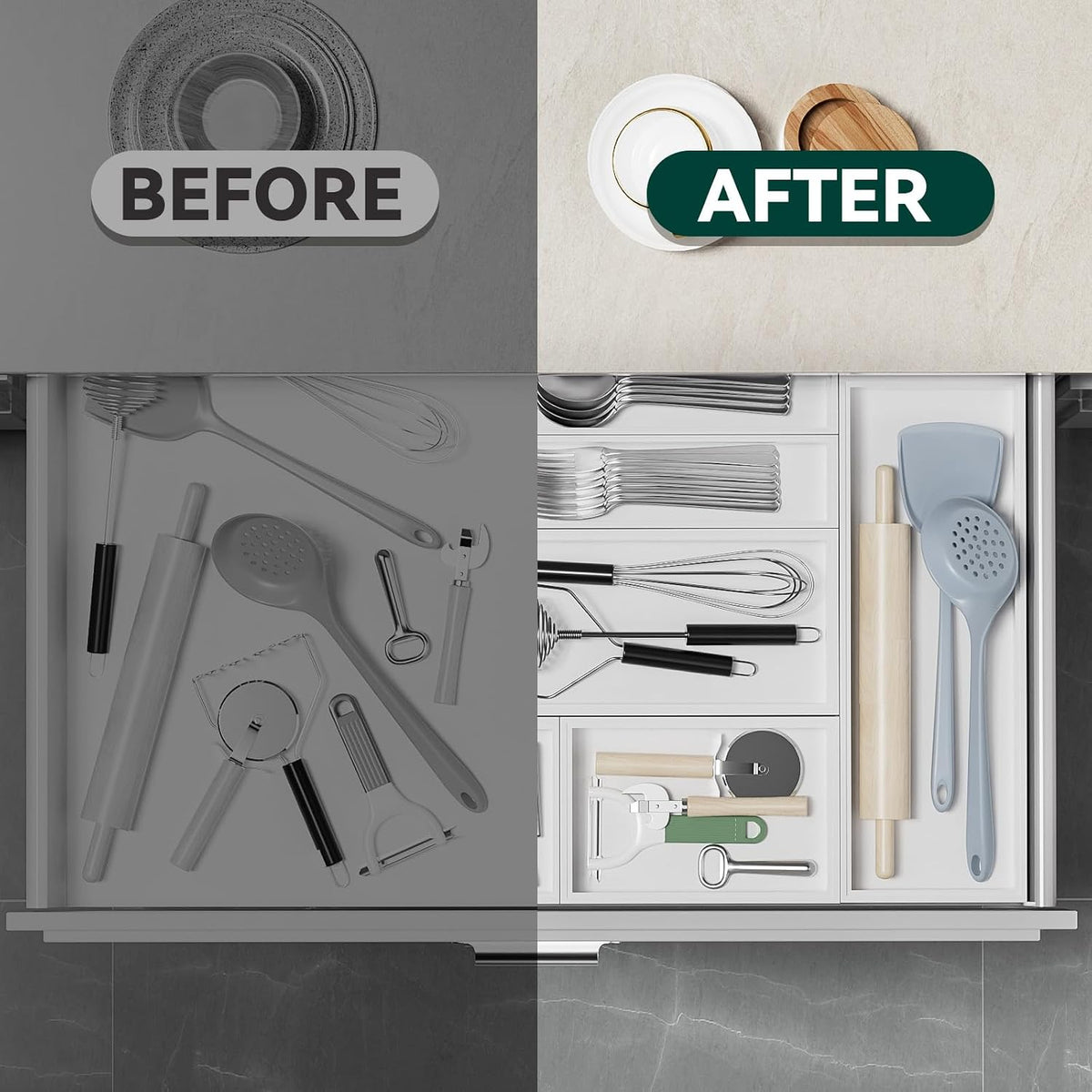 Lixple Bamboo Kitchen Drawer Organizer, 2 Pack, 17" x 6" x 2", White