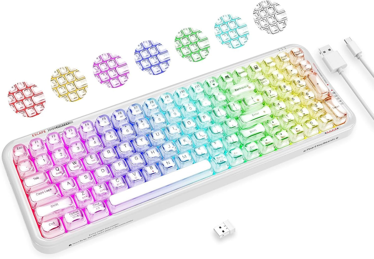 FOPETT Wireless Computer Keyboard with RGB Backlit, Tri-Mode Bluetooth 5.0/USB-C/2.4GHz Ergonomic Gaming Keyboard - Full-Size Rechargeable Transparent Keycap for Laptop/Windows/PC - White