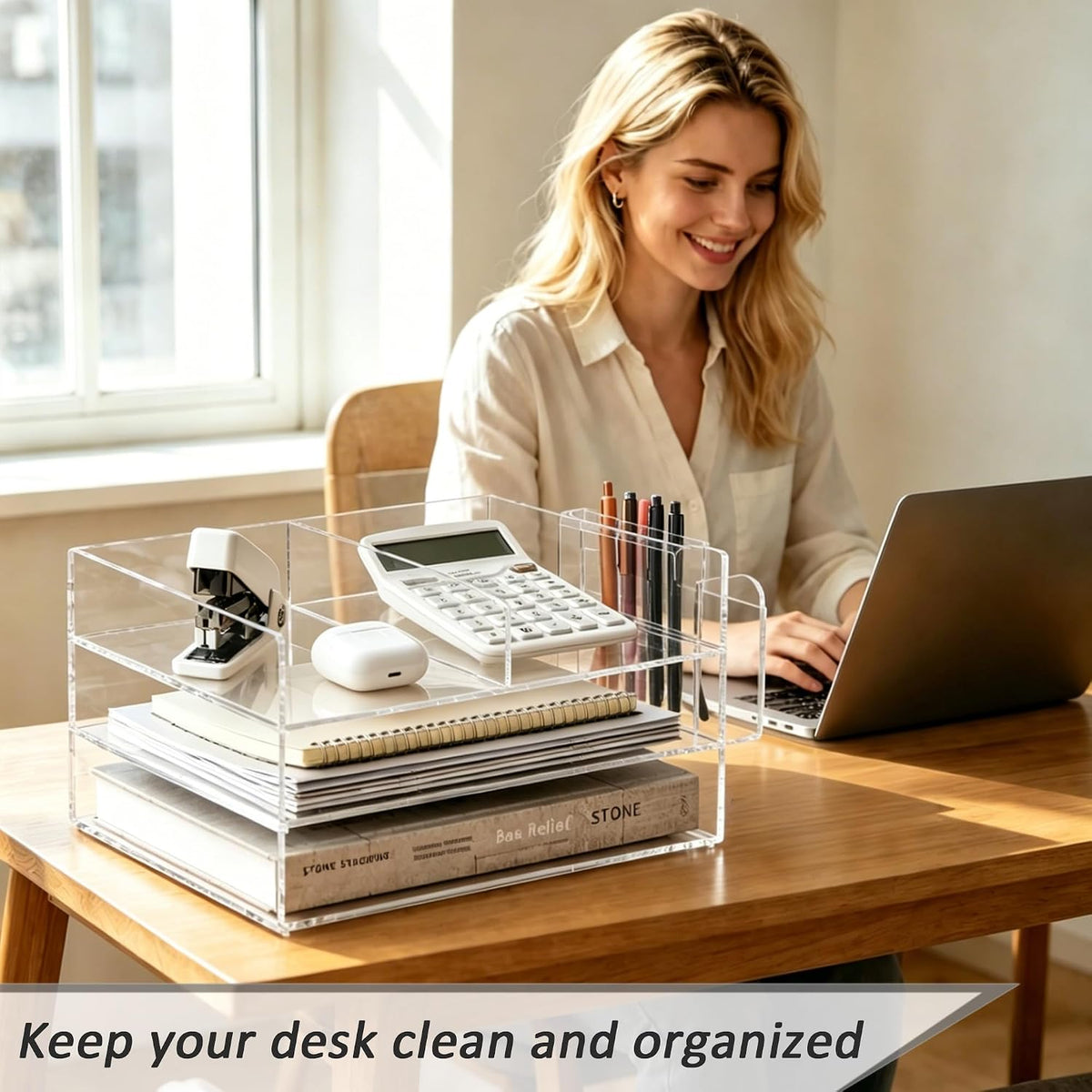 Clear Acrylic Desk Organizer with Pencil Holder – Paper Tray Office Storage