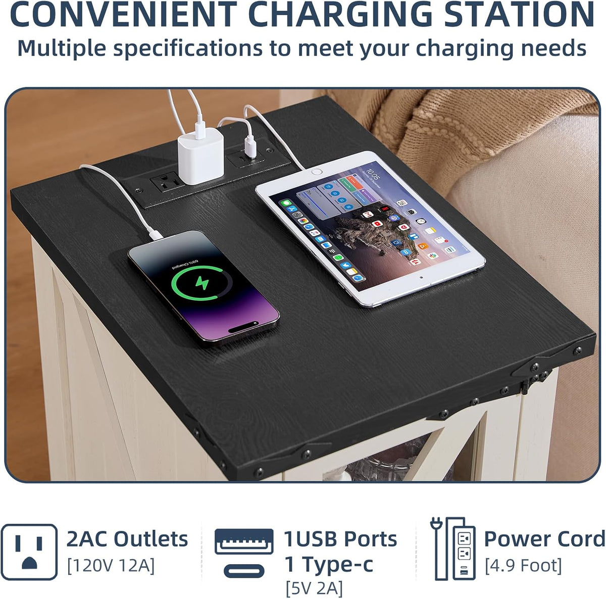 Joaxswe Narrow Night Stand with Charger Station, Glass Barn Door