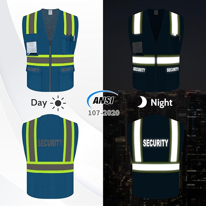 Security Vest for Men Women, Safety Vest with Pockets & Zipper, Neon Safety Work Wear with Reflective Strip, ANSI Compliant, Blue, 3XL