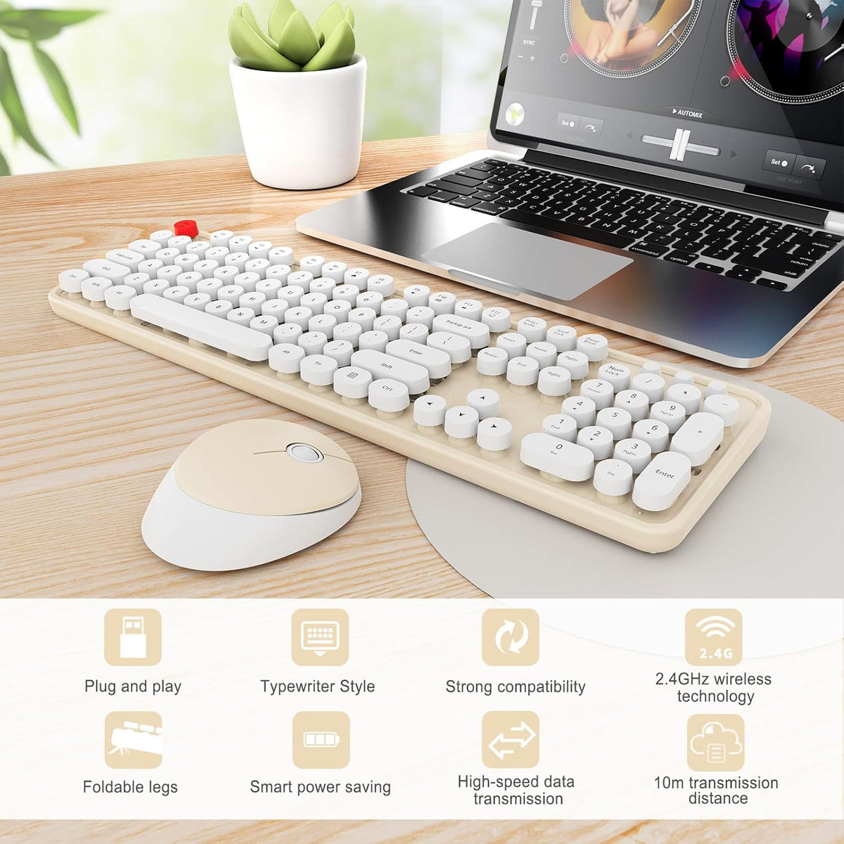 Wireless Keyboard and Mouse Combo, Ergonomic Full Size Typewriter Retro Round Keycaps Keyboard, Compatible with Windows, PC, Perfer for Home and Office Keyboards (Beige