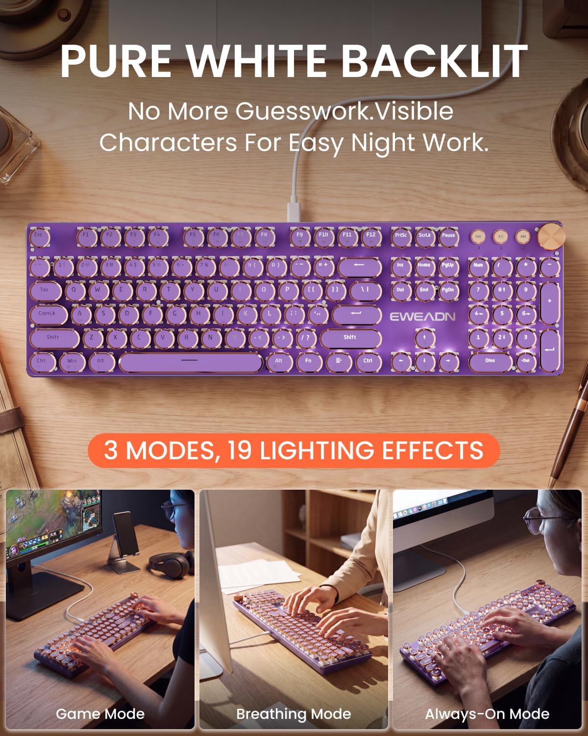 Wired Typewriter Mechanical Keyboard, Retro Punk Keyboard with Media Knob