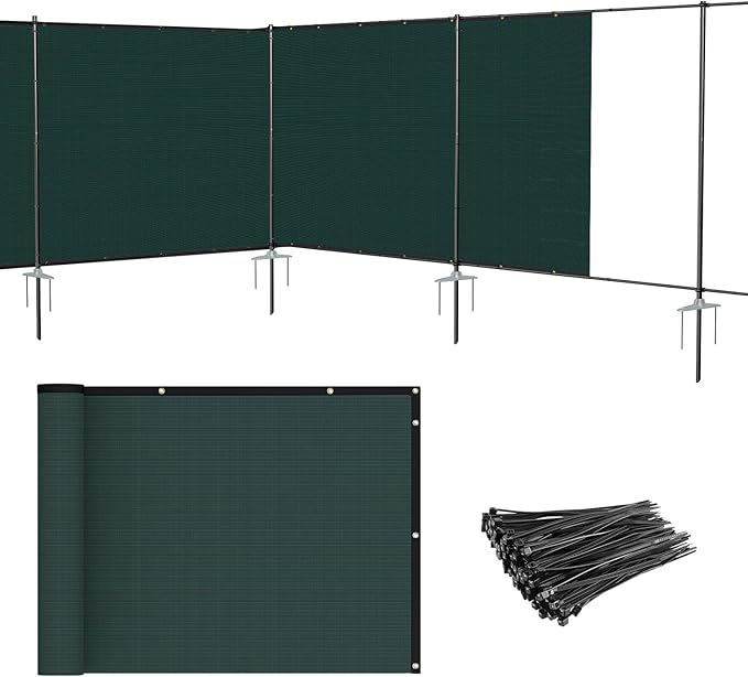 Patio 5' x 66' Outdoor Privacy Screen Freestanding Temporary Fence Panels Net Cover with Metal Poles for Outside Backyard Pool Garden Air Conditioner Fencing, Green